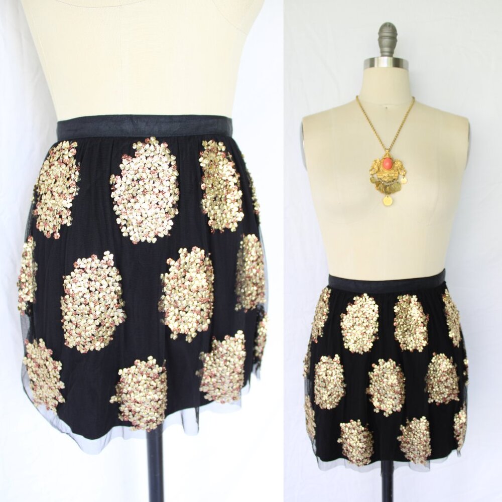 Gryphon New York mesh black gold floral beaded sequin Dress skirt flapper NWT M